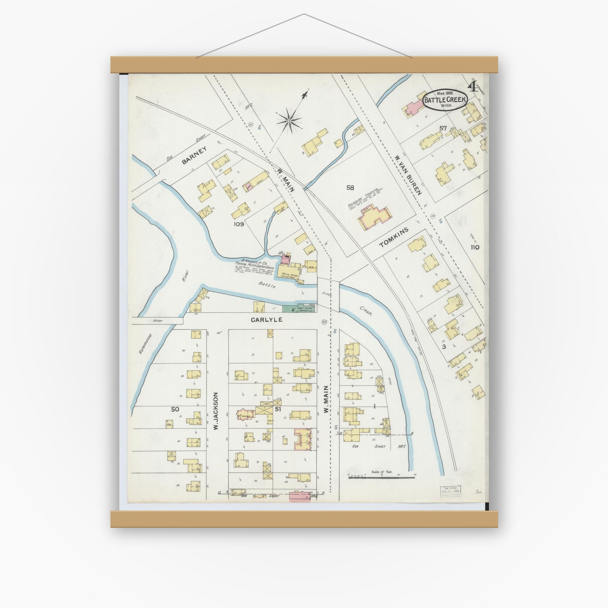 Old map wall art mockup — magnetic wood frame on white wall — Sanborn Fire Insurance Map from Battle Creek, Calhoun County, Michigan (1892), Sheet #0004