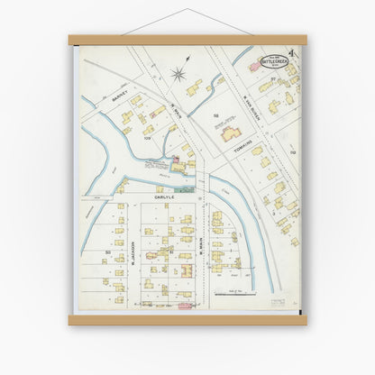Old map wall art mockup — magnetic wood frame on white wall — Sanborn Fire Insurance Map from Battle Creek, Calhoun County, Michigan (1892), Sheet #0004