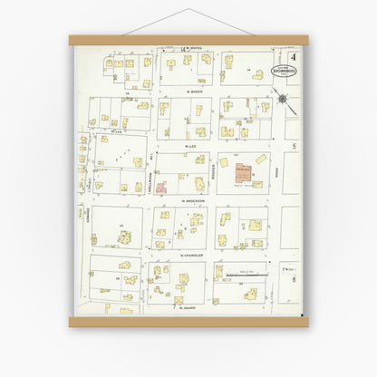 Old map wall art mockup — magnetic wood frame on white wall — Sanborn Fire Insurance Map from Brownwood, Brown County, Texas (1909), Sheet #0004