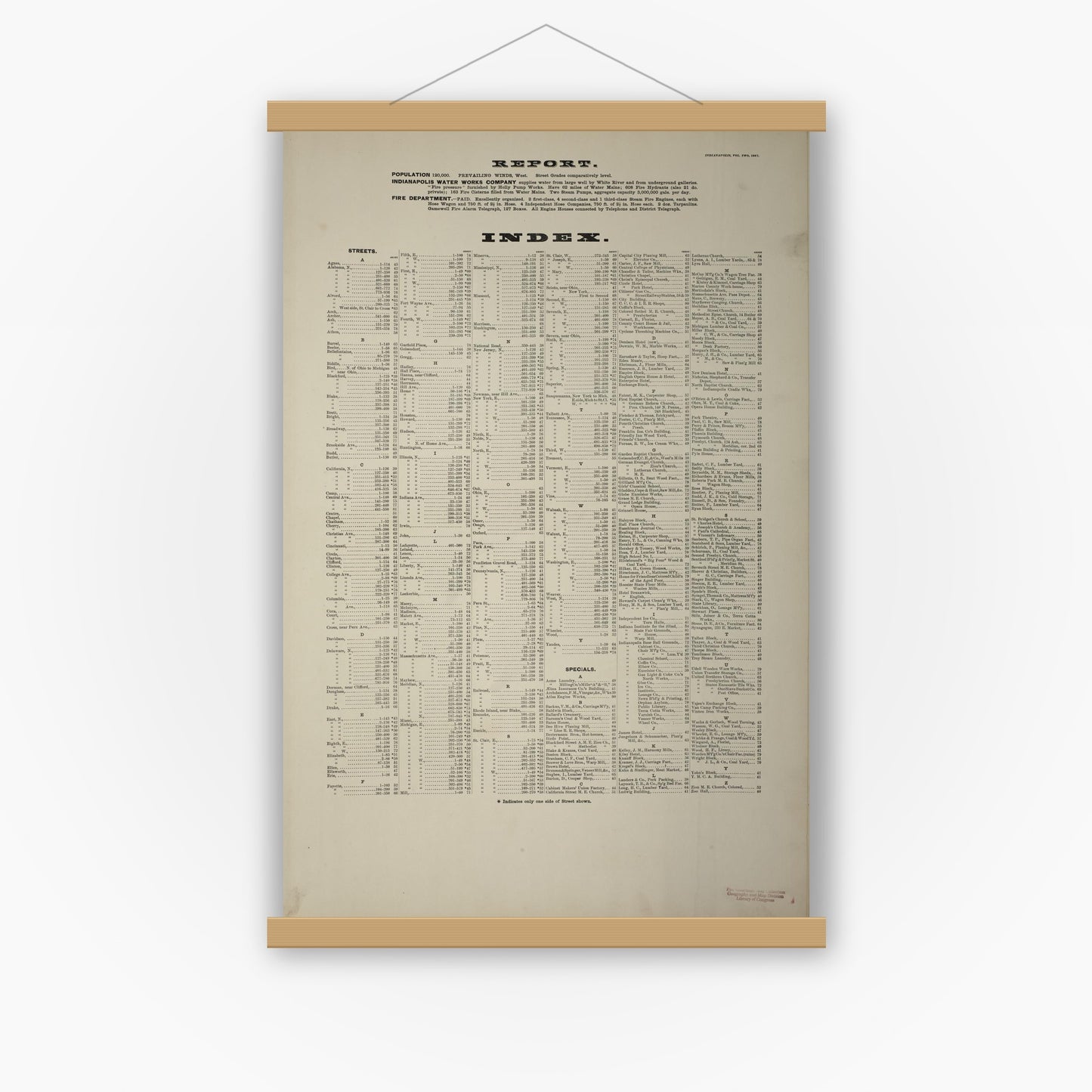 Old map wall art mockup — magnetic wood frame on white wall — Sanborn Fire Insurance Map from Indianapolis, Marion County, Indiana (1887), Sheet #0001