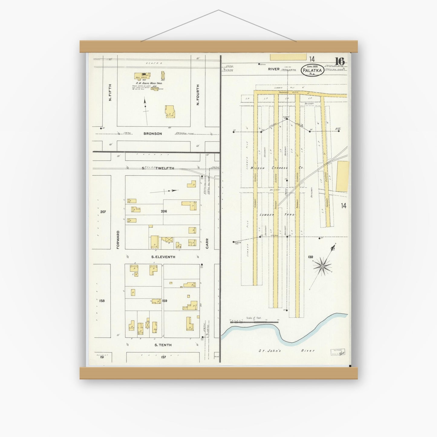 Old map wall art mockup — magnetic wood frame on white wall — Sanborn Fire Insurance Map from Palatka, Putnam County, Florida (1909), Sheet #0016