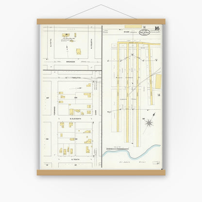 Old map wall art mockup — magnetic wood frame on white wall — Sanborn Fire Insurance Map from Palatka, Putnam County, Florida (1909), Sheet #0016