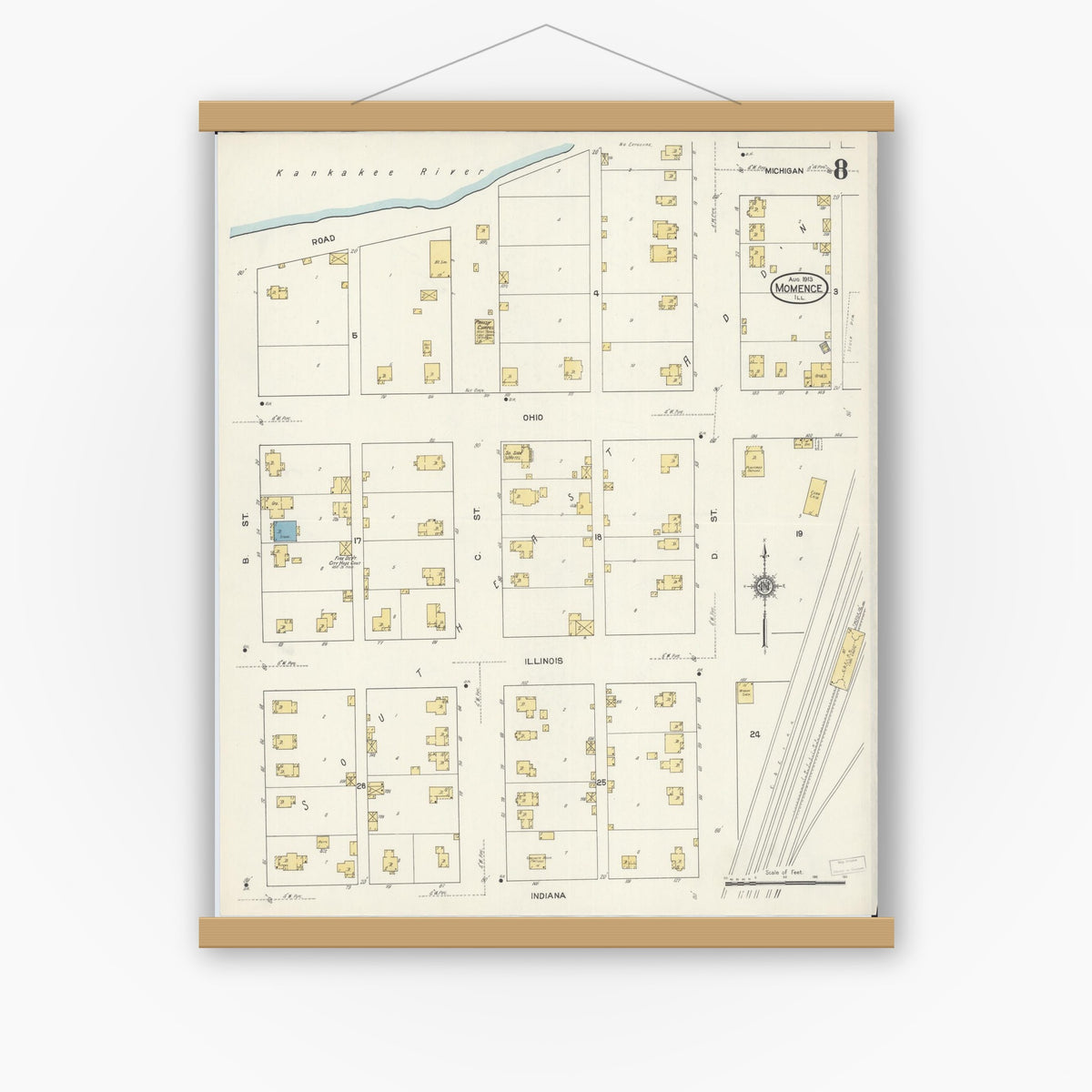 Old map wall art mockup — magnetic wood frame on white wall — Sanborn Fire Insurance Map from Momence, Kankakee County, Illinois (1913), Sheet #0008