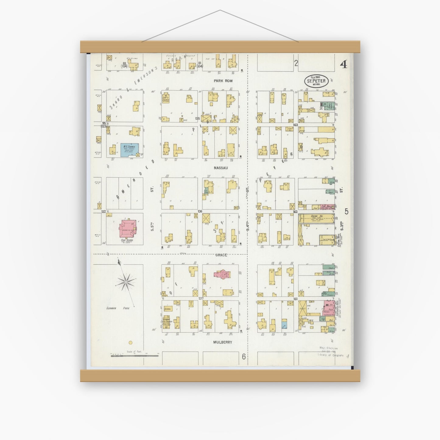 Old map wall art mockup — magnetic wood frame on white wall — Sanborn Fire Insurance Map from Saint Peter, Nicollet County, Minnesota (1900), Sheet #0004
