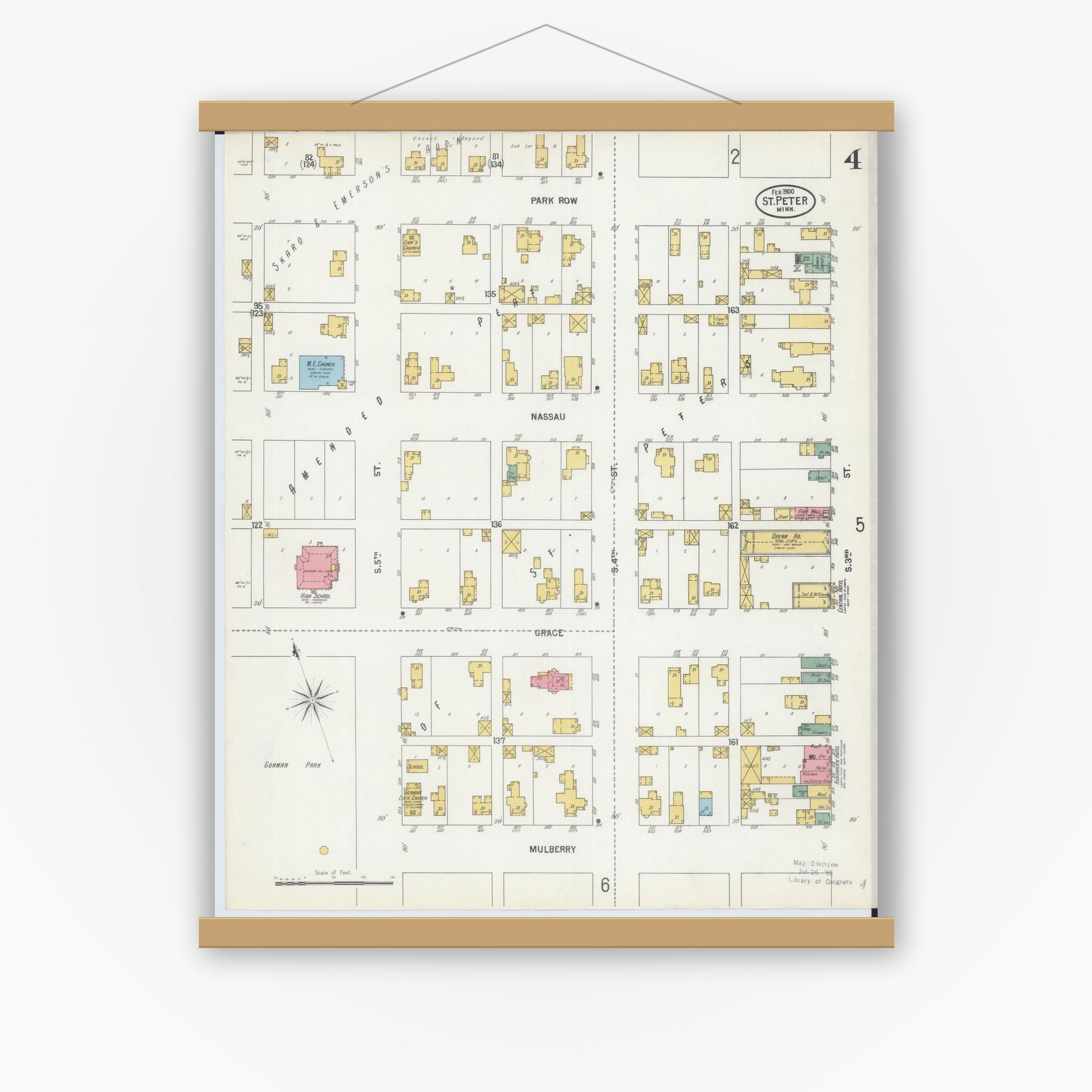 Old map wall art mockup — magnetic wood frame on white wall — Sanborn Fire Insurance Map from Saint Peter, Nicollet County, Minnesota (1900), Sheet #0004
