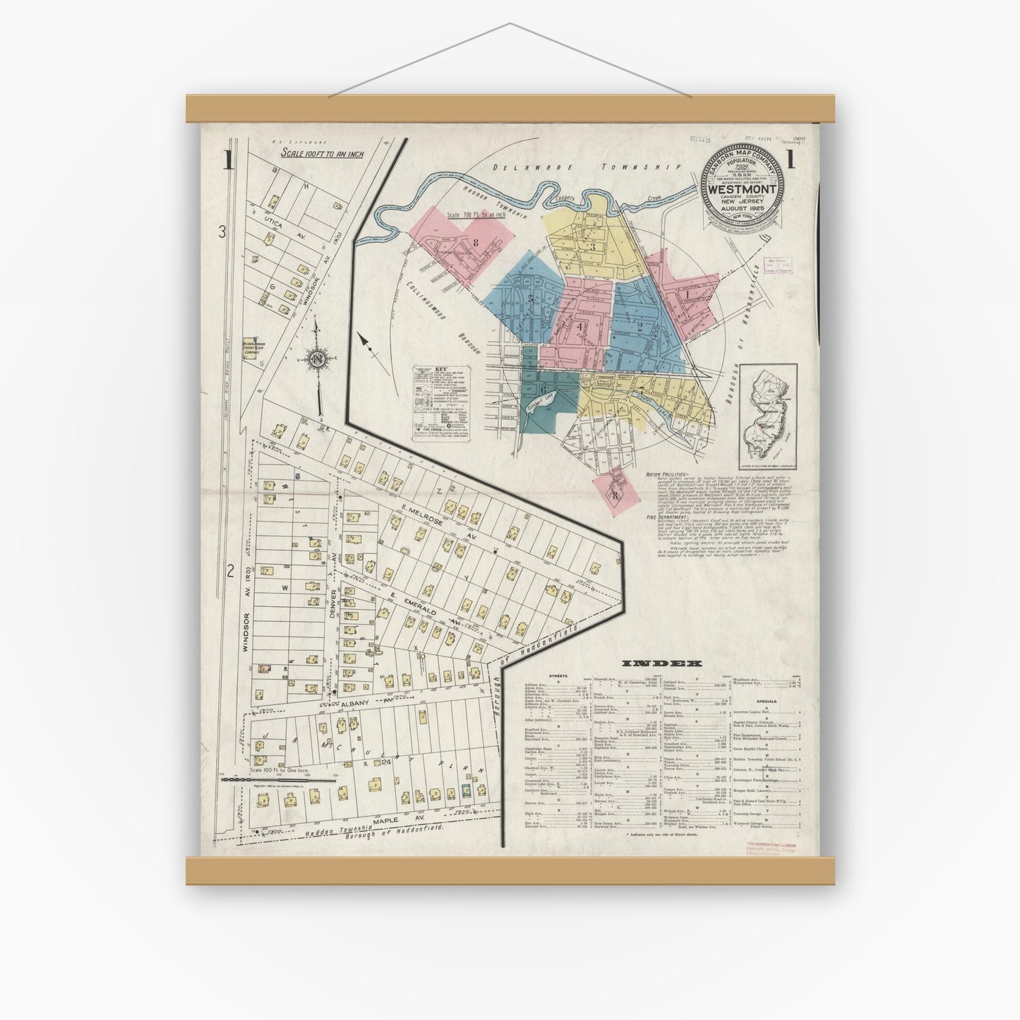 Old map wall art mockup — magnetic wood frame on white wall — Sanborn Fire Insurance Map from Westmont, Camden County, New Jersey (1925), Sheet #0001