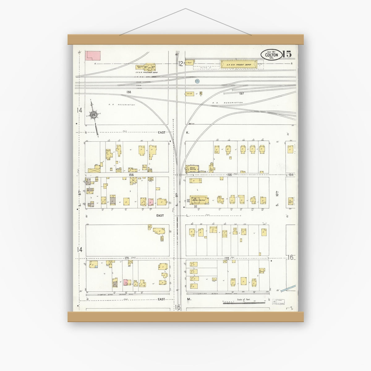 Old map wall art mockup — magnetic wood frame on white wall — Sanborn Fire Insurance Map from Colton, San Bernardino County, California (1911), Sheet #0015