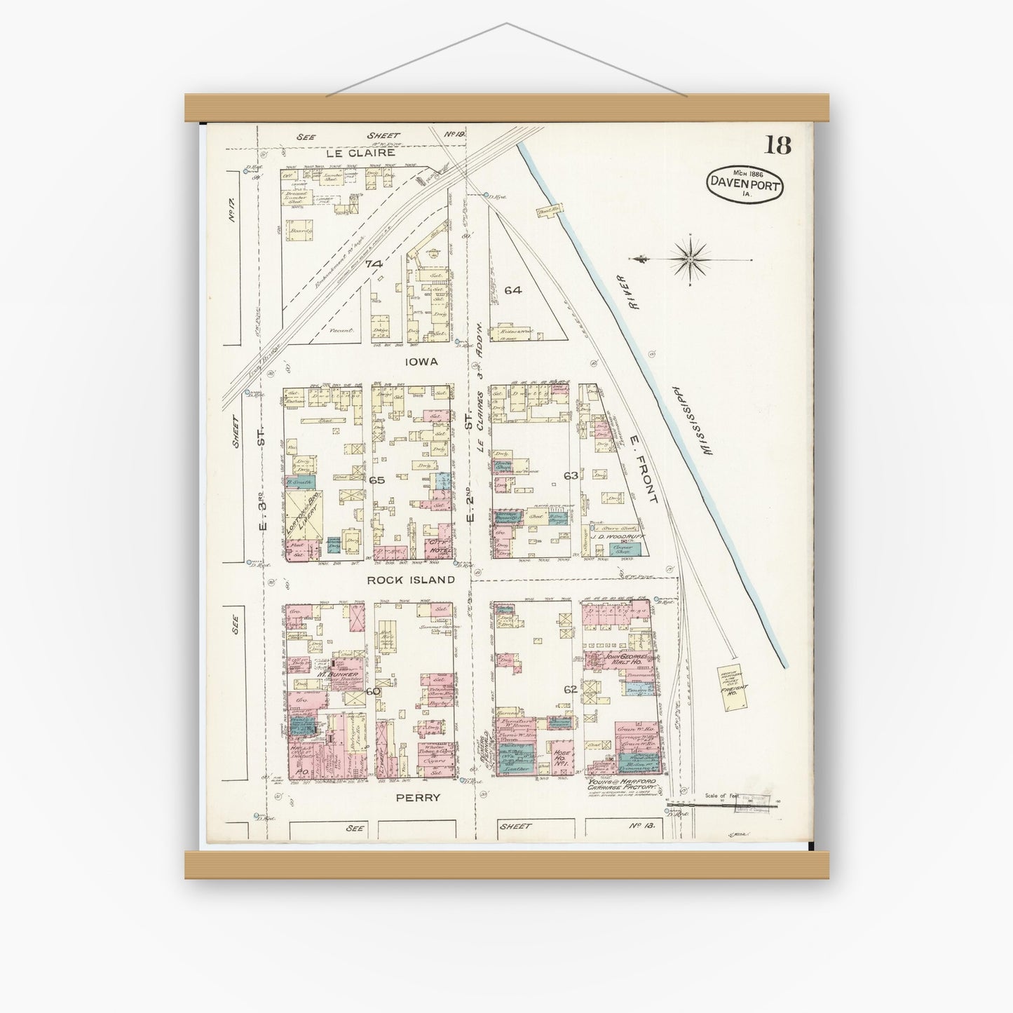 Old map wall art mockup — magnetic wood frame on white wall — Sanborn Fire Insurance Map from Davenport, Scott County, Iowa (1886), Sheet #0018
