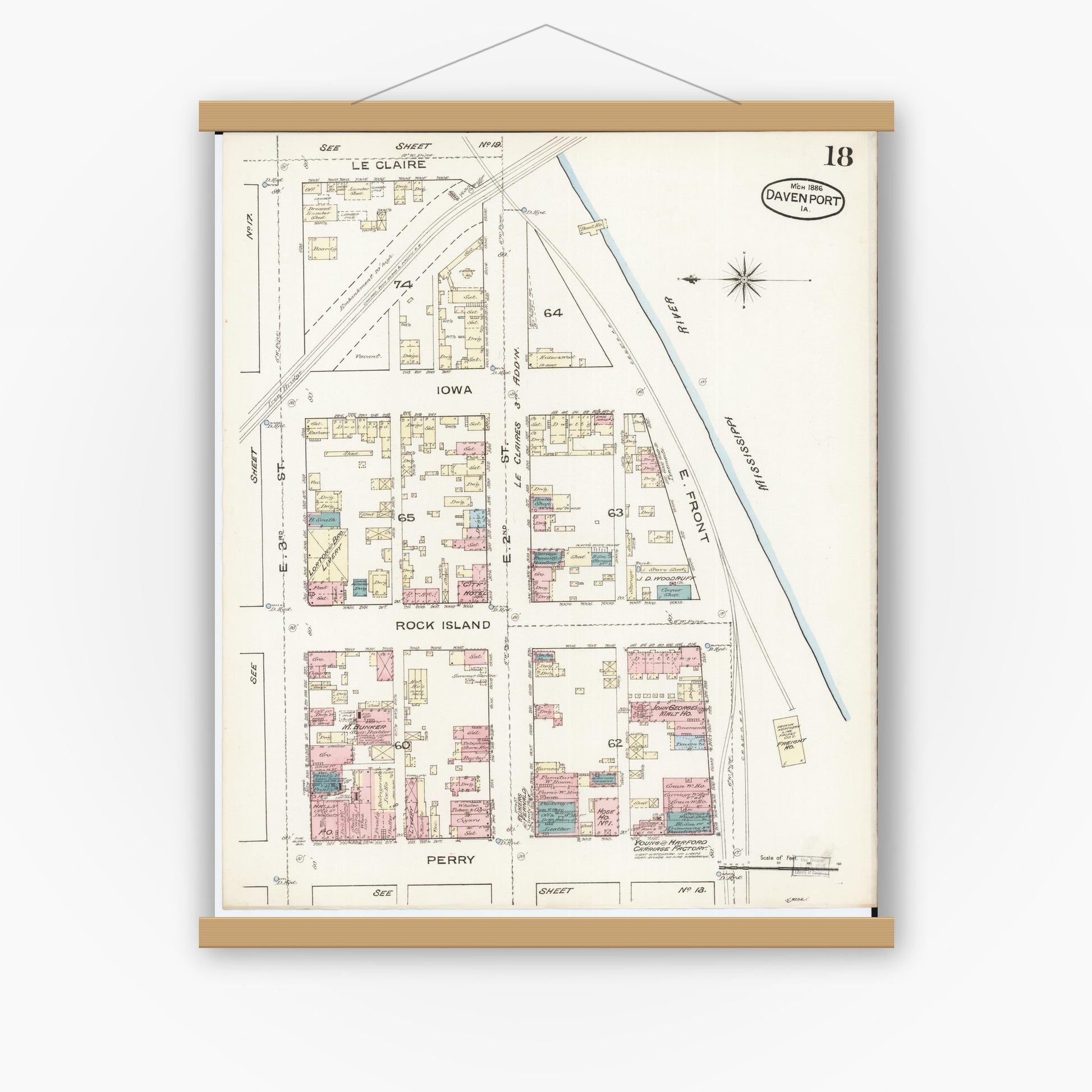 Old map wall art mockup — magnetic wood frame on white wall — Sanborn Fire Insurance Map from Davenport, Scott County, Iowa (1886), Sheet #0018