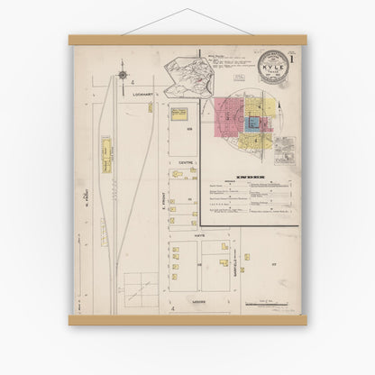 Old map wall art mockup — magnetic wood frame on white wall — Sanborn Fire Insurance Map from Kyle, Hays County, Texas (1922), Sheet #0001