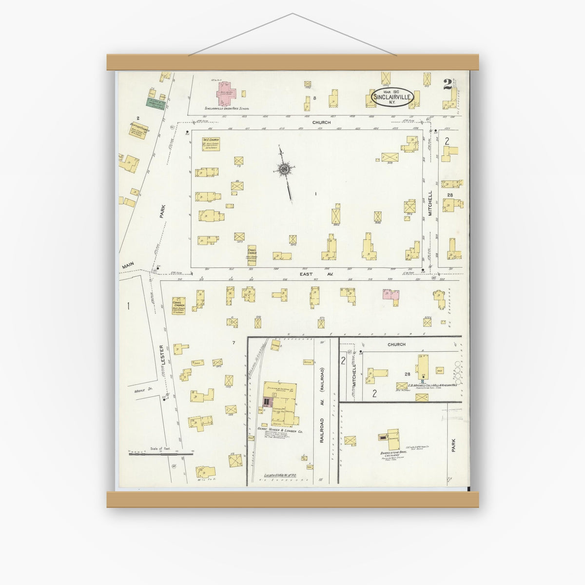 Old map wall art mockup — magnetic wood frame on white wall — Sanborn Fire Insurance Map from Sinclairville, Chautauqua County, New York (1910), Sheet #0002