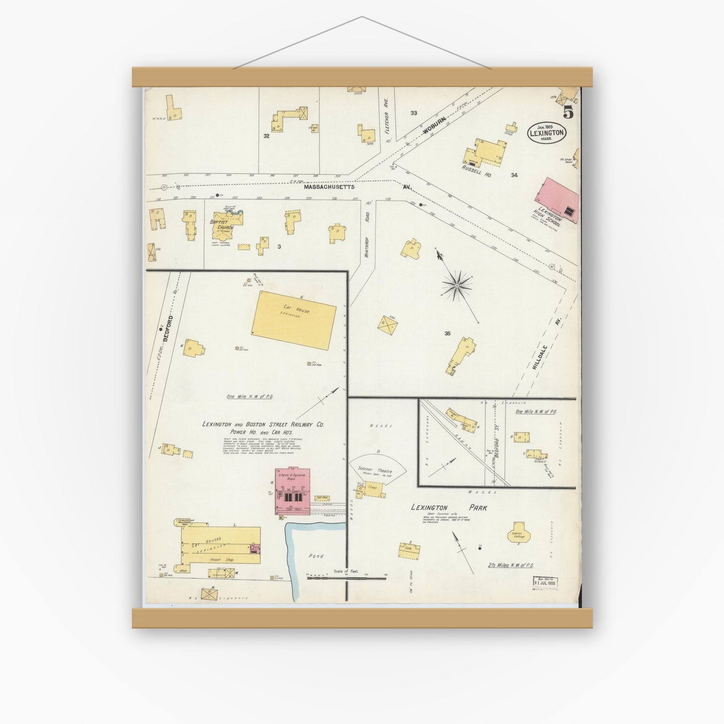 Old map wall art mockup — magnetic wood frame on white wall — Sanborn Fire Insurance Map from Lexington, Middlesex County, Massachusetts (1903), Sheet #0005