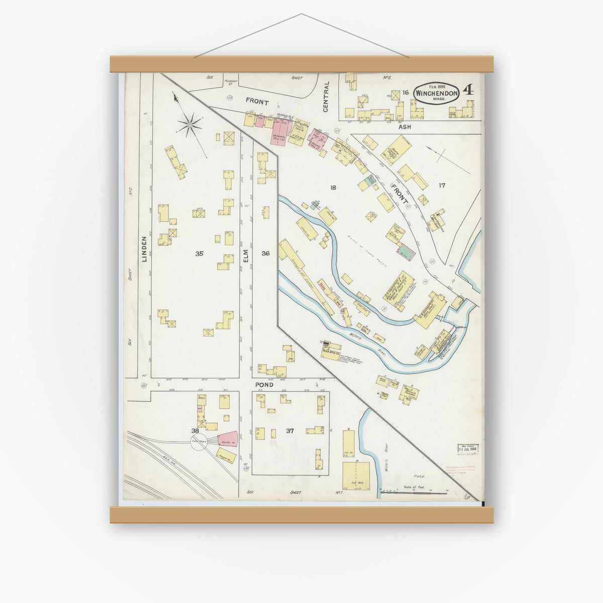 Old map wall art mockup — magnetic wood frame on white wall — Sanborn Fire Insurance Map from Winchendon, Worcester County, Massachusetts (1892), Sheet #0004