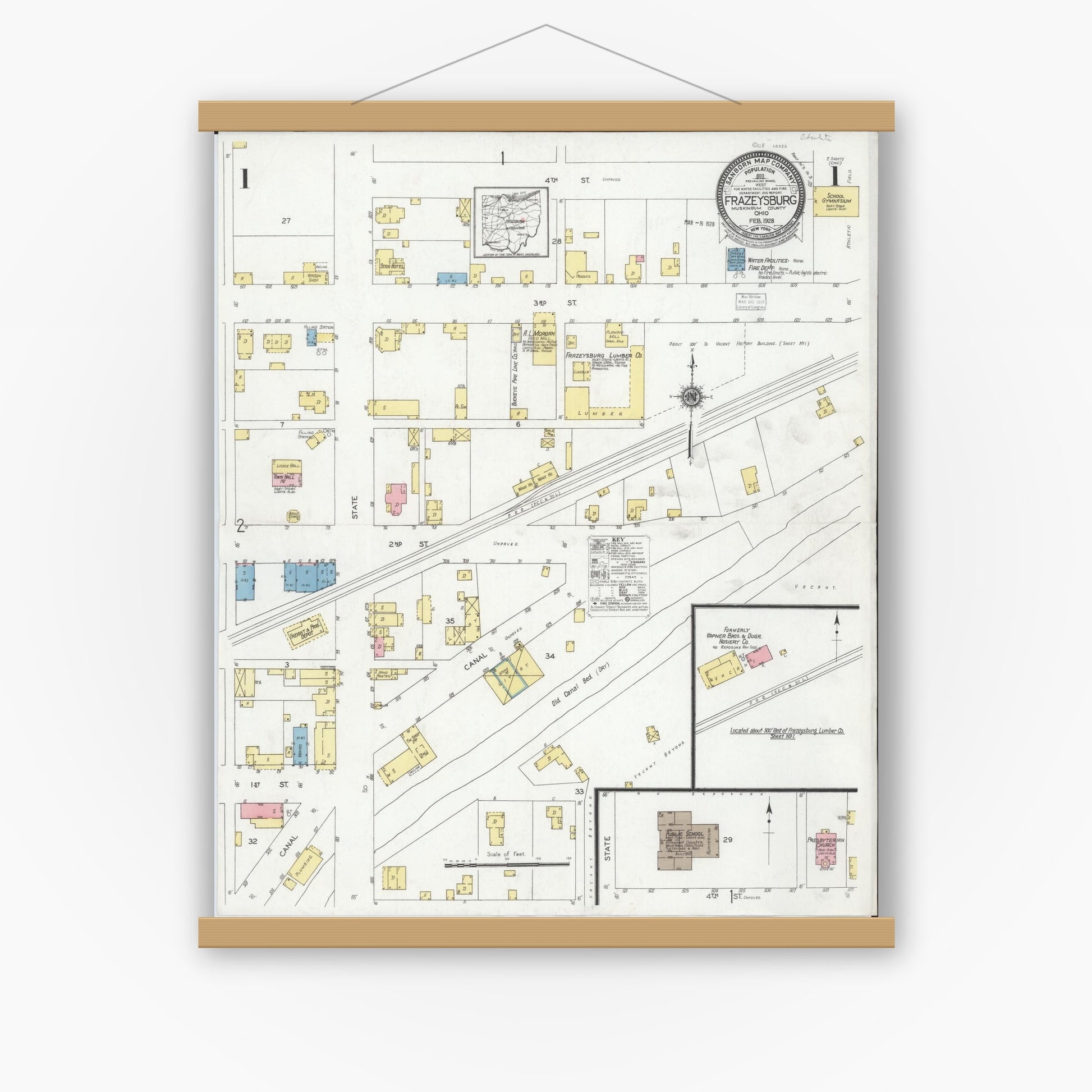 Old map wall art mockup — magnetic wood frame on white wall — Sanborn Fire Insurance Map from Frazeysburg, Muskingum County, Ohio (1928) - Complete Map Set