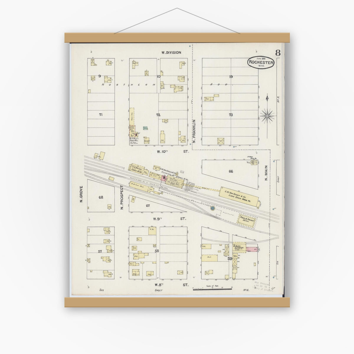 Old map wall art mockup — magnetic wood frame on white wall — Sanborn Fire Insurance Map from Rochester, Olmsted County, Minnesota (1890), Sheet #0008