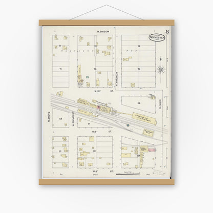 Old map wall art mockup — magnetic wood frame on white wall — Sanborn Fire Insurance Map from Rochester, Olmsted County, Minnesota (1890), Sheet #0008