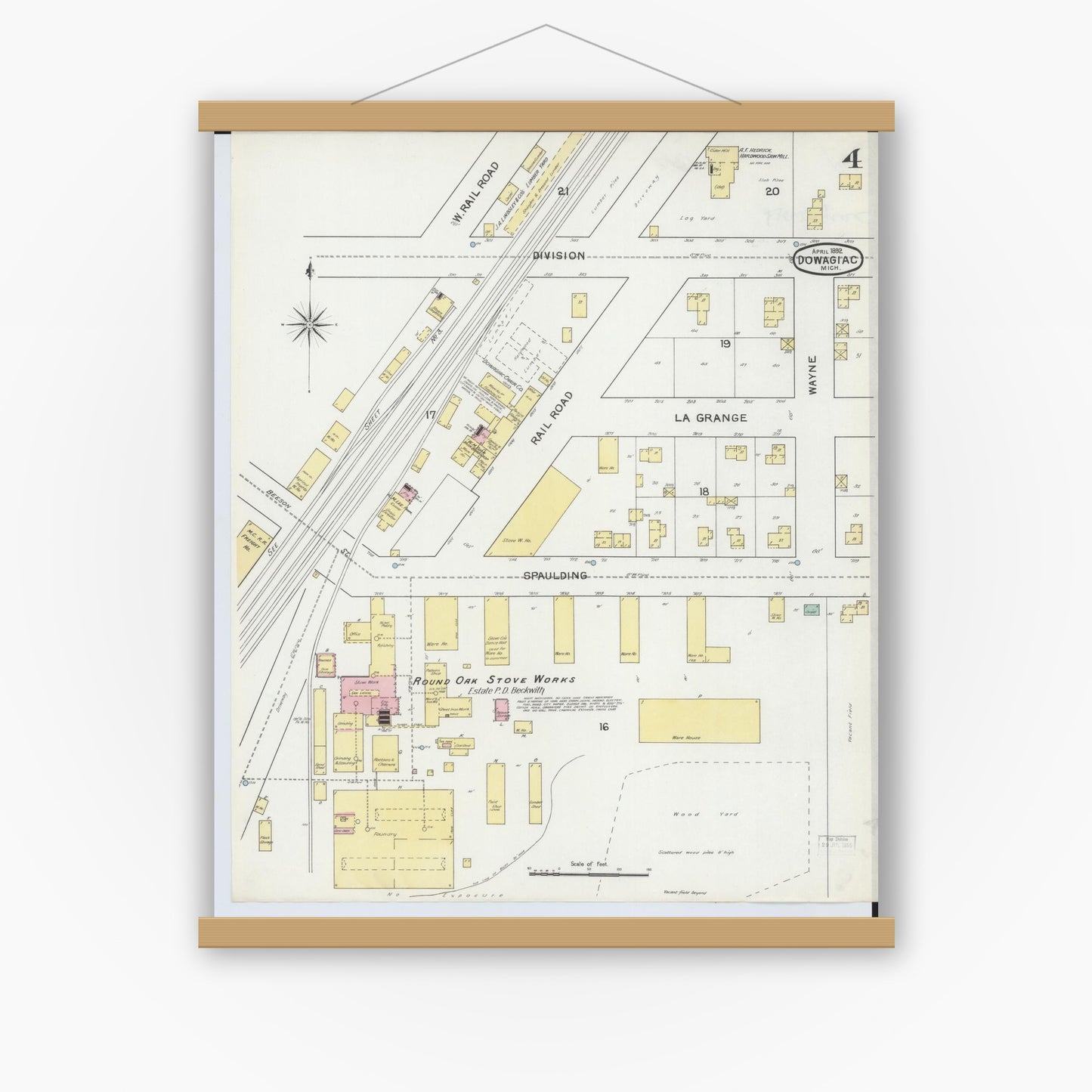 Old map wall art mockup — magnetic wood frame on white wall — Sanborn Fire Insurance Map from Dowagiac, Cass County, Michigan (1892), Sheet #0004