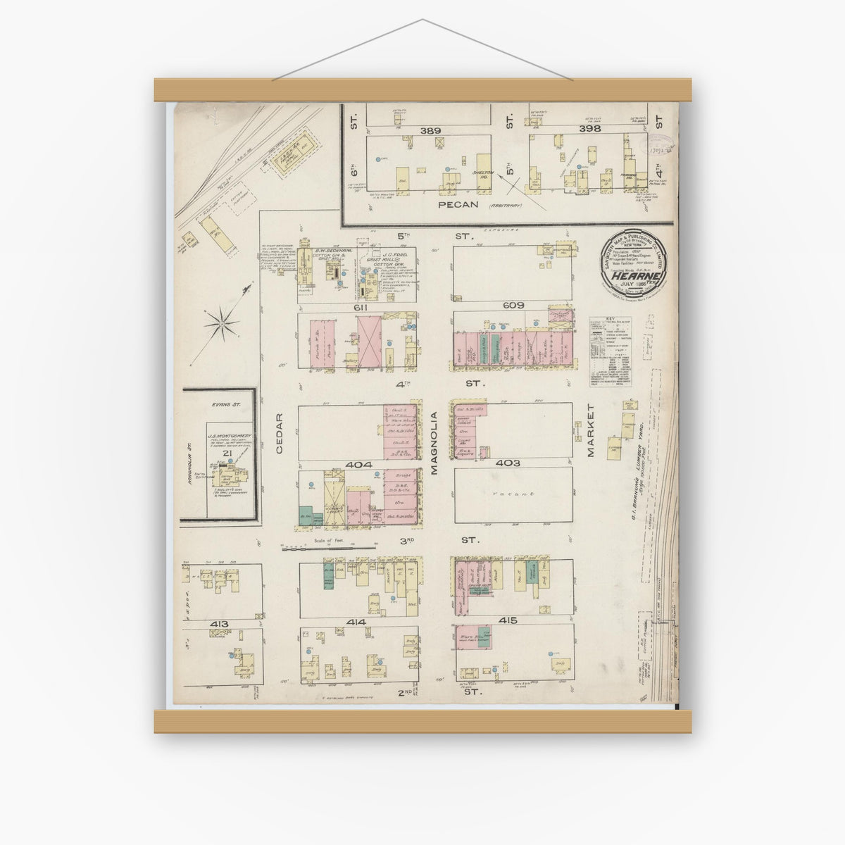 Old map wall art mockup — magnetic wood frame on white wall — Sanborn Fire Insurance Map from Hearne, Robertson County, Texas (1885), Sheet #0001