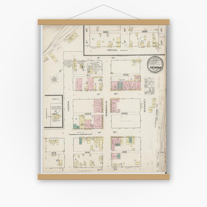 Old map wall art mockup — magnetic wood frame on white wall — Sanborn Fire Insurance Map from Hearne, Robertson County, Texas (1885), Sheet #0001