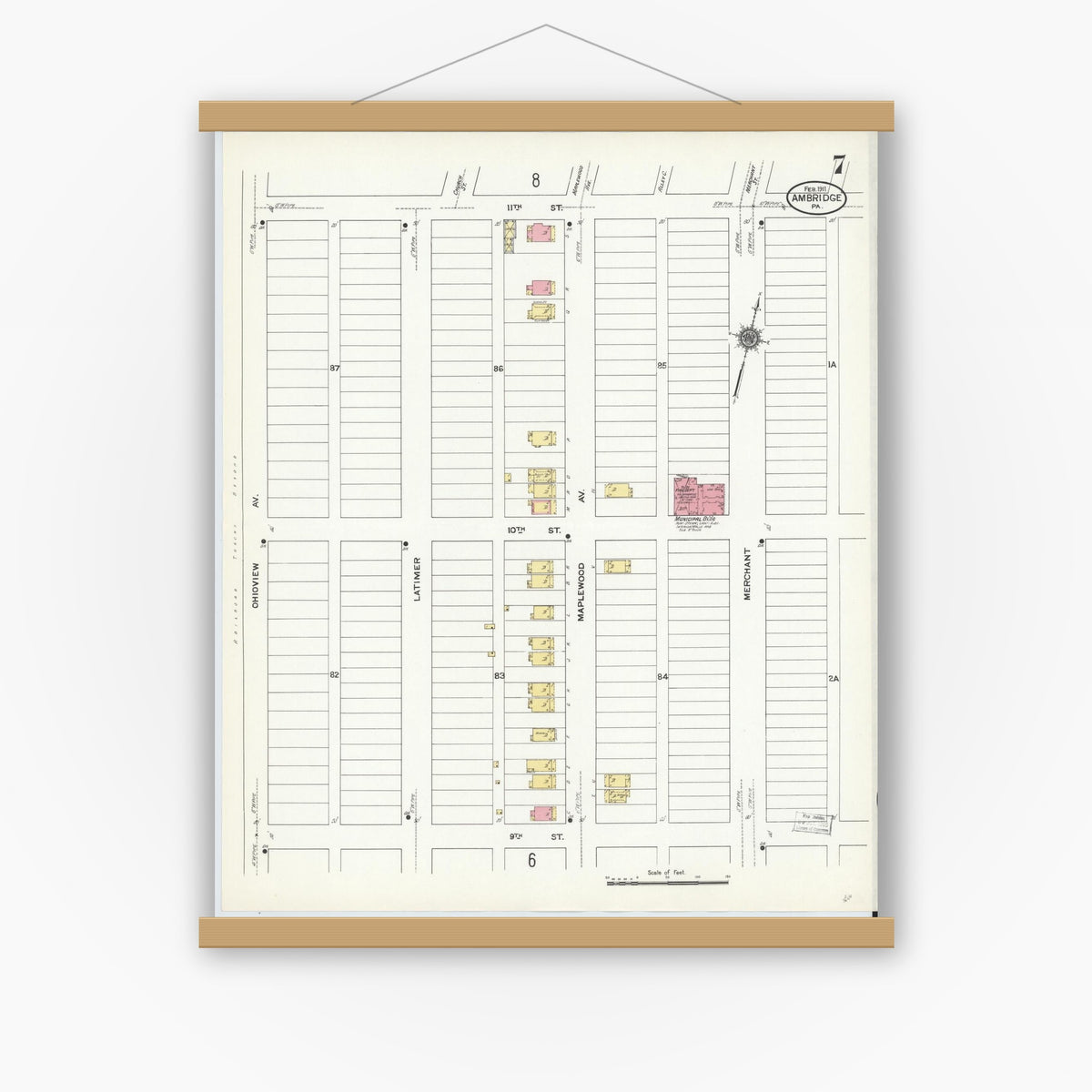 Old map wall art mockup — magnetic wood frame on white wall — Sanborn Fire Insurance Map from Ambridge, Beaver County, Pennsylvania (1911), Sheet #0007