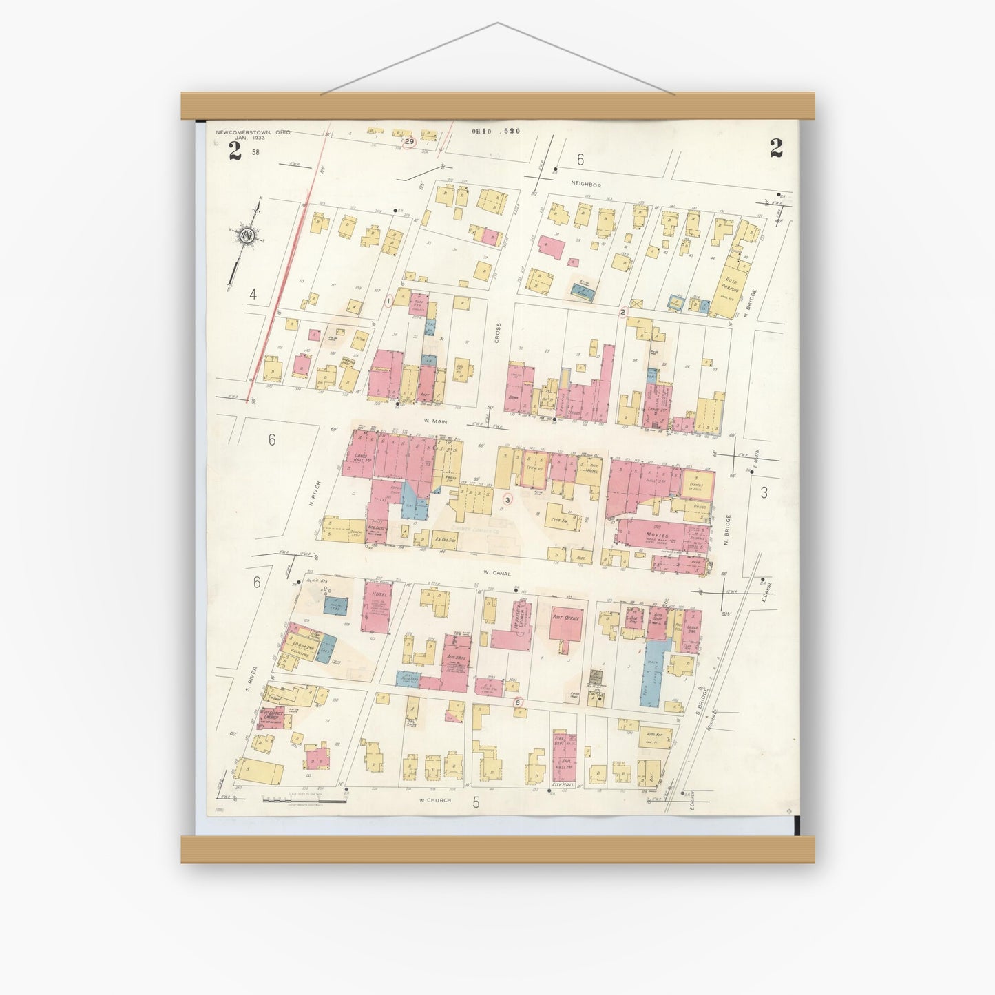 Old map wall art mockup — magnetic wood frame on white wall — Sanborn Fire Insurance Map from Newcomerstown, Tuscarawas County, Ohio (1933), Sheet #0002