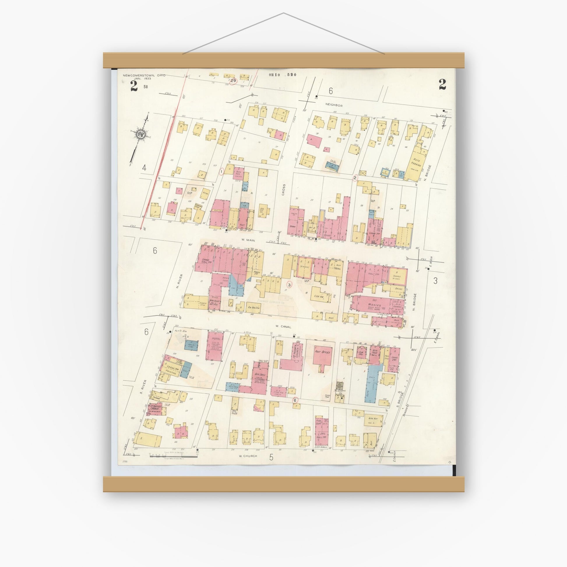 Old map wall art mockup — magnetic wood frame on white wall — Sanborn Fire Insurance Map from Newcomerstown, Tuscarawas County, Ohio (1933), Sheet #0002