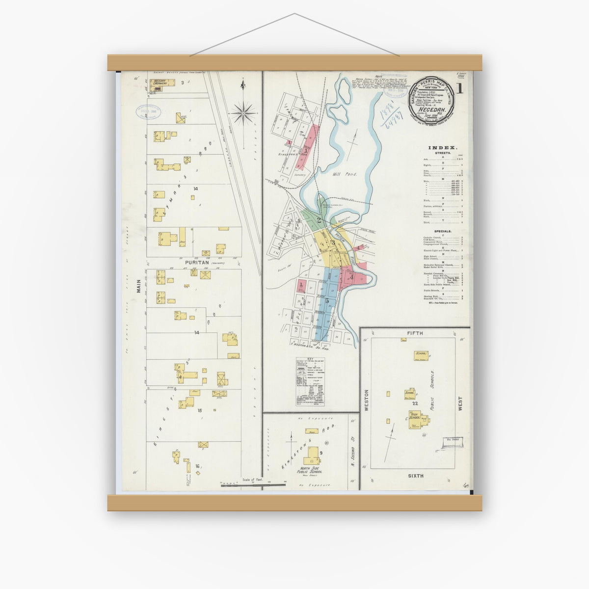 Old map wall art mockup — magnetic wood frame on white wall — Sanborn Fire Insurance Map from Necedah, Juneau County, Wisconsin (1898), Sheet #0001