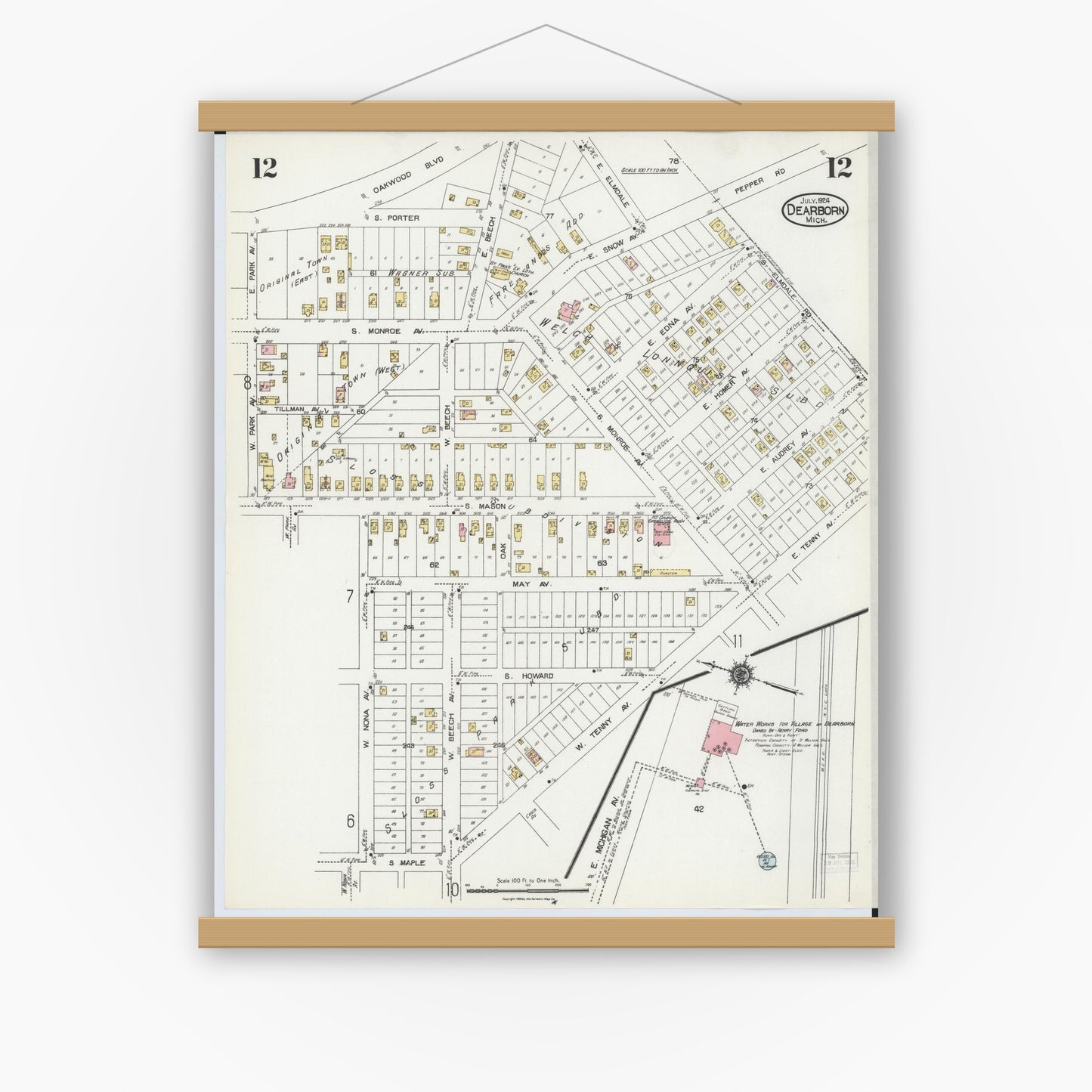 Old map wall art mockup — magnetic wood frame on white wall — Sanborn Fire Insurance Map from Dearborn, Wayne County, Michigan (1924), Sheet #0012