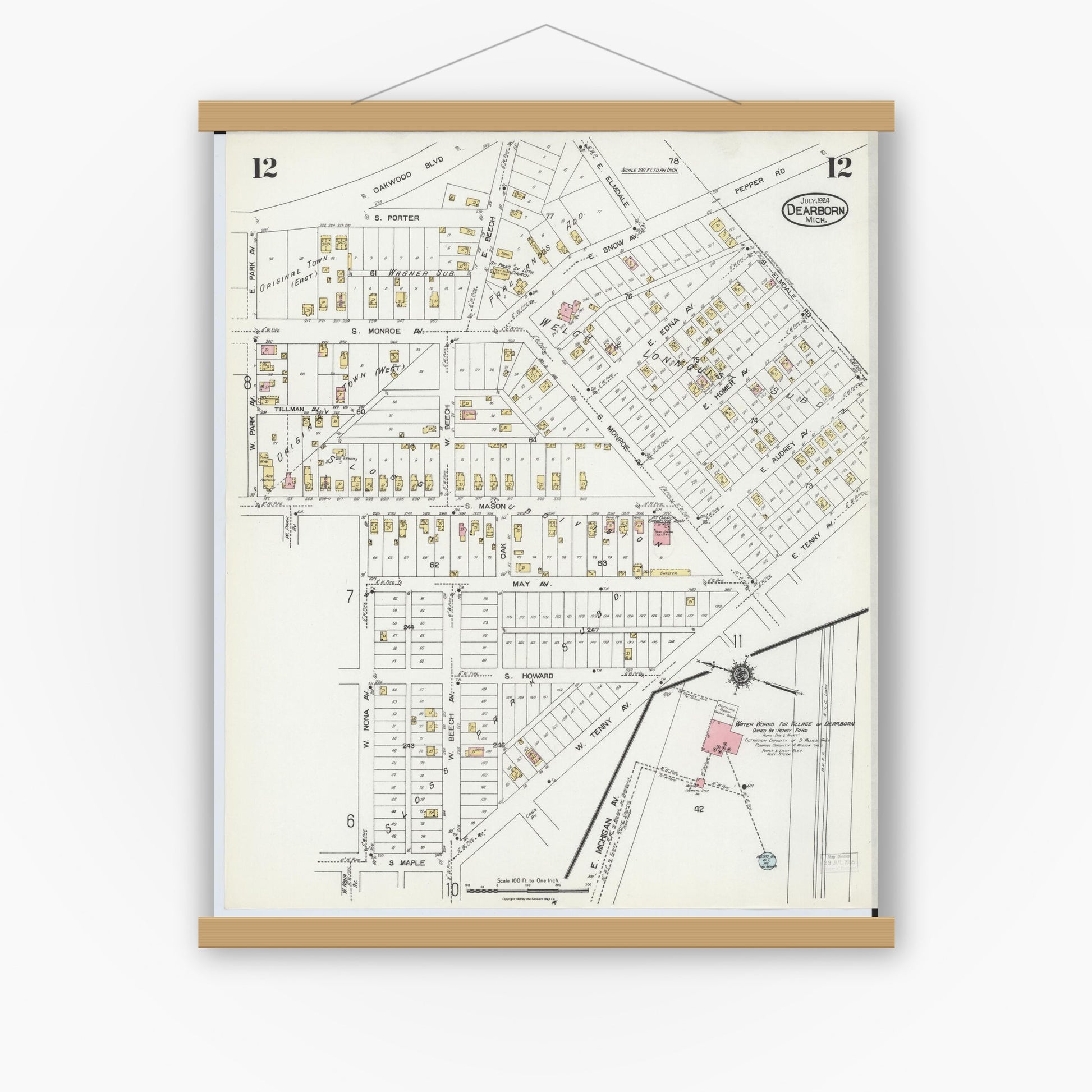 Old map wall art mockup — magnetic wood frame on white wall — Sanborn Fire Insurance Map from Dearborn, Wayne County, Michigan (1924), Sheet #0012