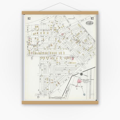 Old map wall art mockup — magnetic wood frame on white wall — Sanborn Fire Insurance Map from Dearborn, Wayne County, Michigan (1924), Sheet #0012