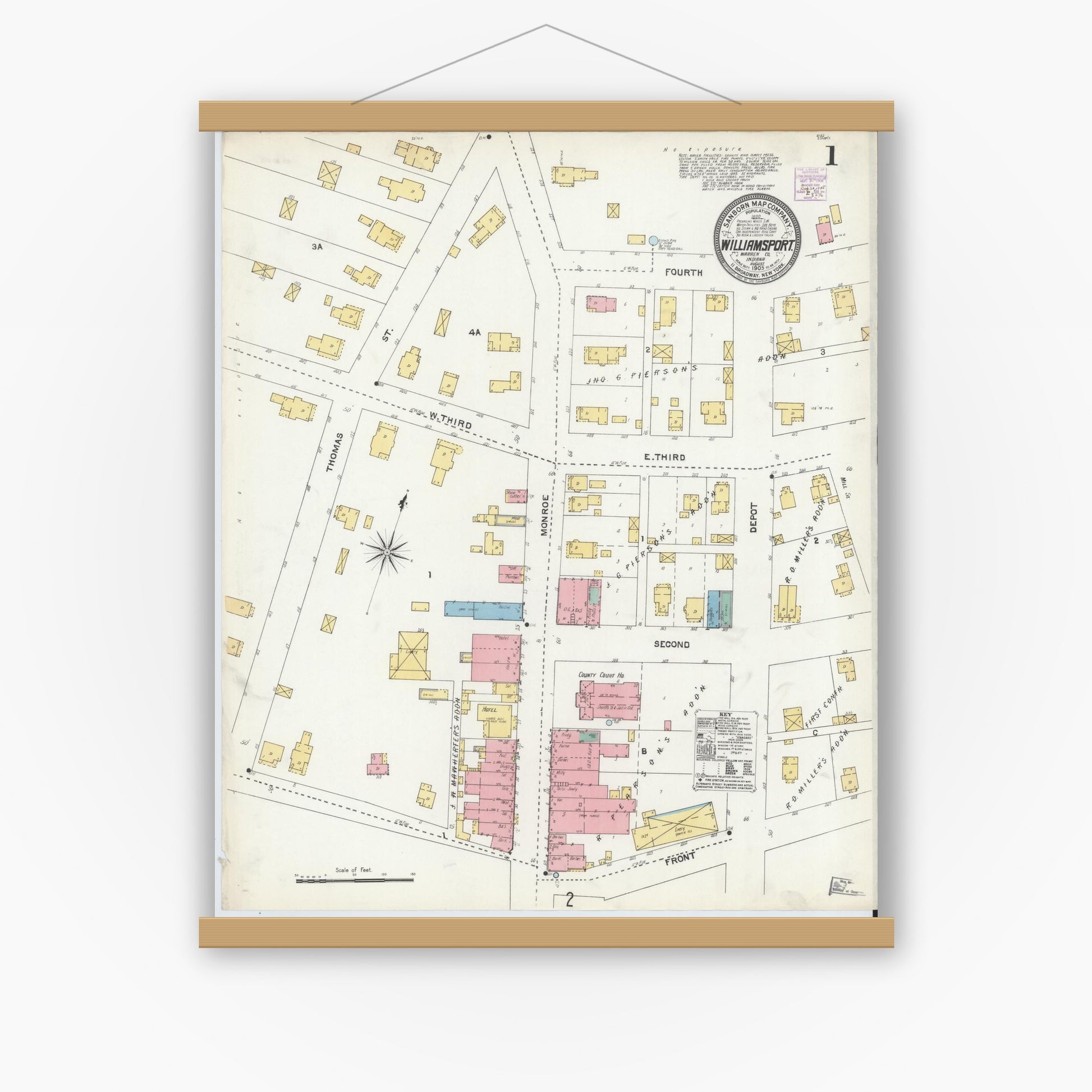 Old map wall art mockup — magnetic wood frame on white wall — Sanborn Fire Insurance Map from Williamsport, Warren County, Indiana (1905) - Complete Map Set