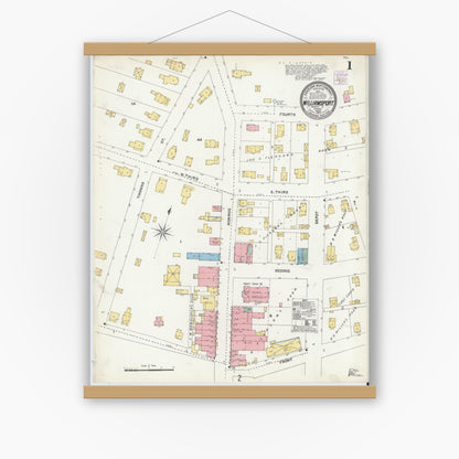 Old map wall art mockup — magnetic wood frame on white wall — Sanborn Fire Insurance Map from Williamsport, Warren County, Indiana (1905) - Complete Map Set
