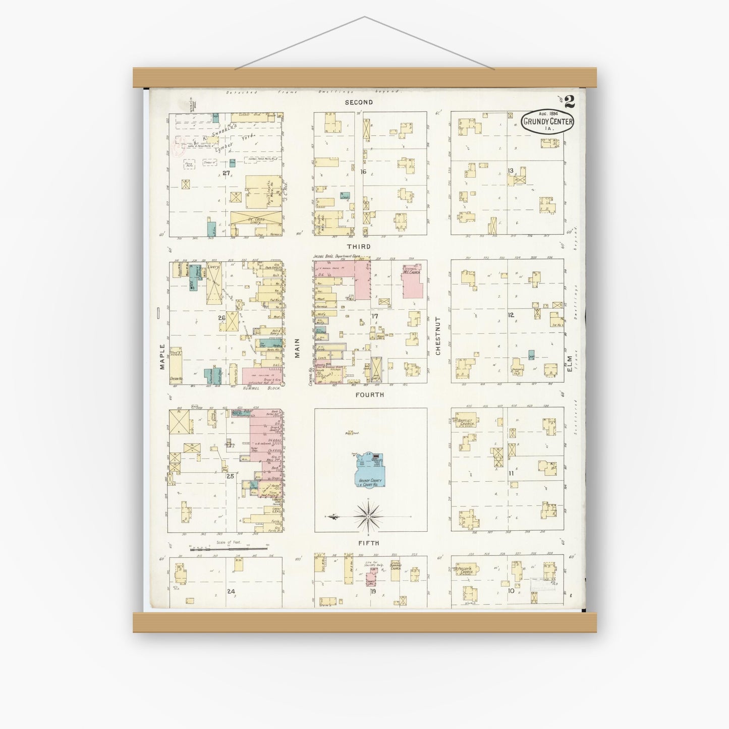 Old map wall art mockup — magnetic wood frame on white wall — Sanborn Fire Insurance Map from Grundy Center, Grundy County, Iowa (1894), Sheet #0002