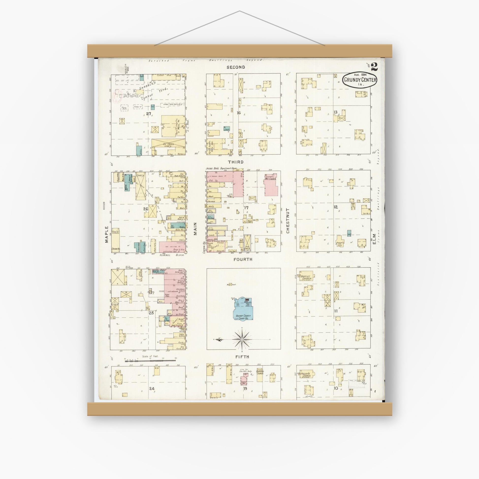 Old map wall art mockup — magnetic wood frame on white wall — Sanborn Fire Insurance Map from Grundy Center, Grundy County, Iowa (1894), Sheet #0002