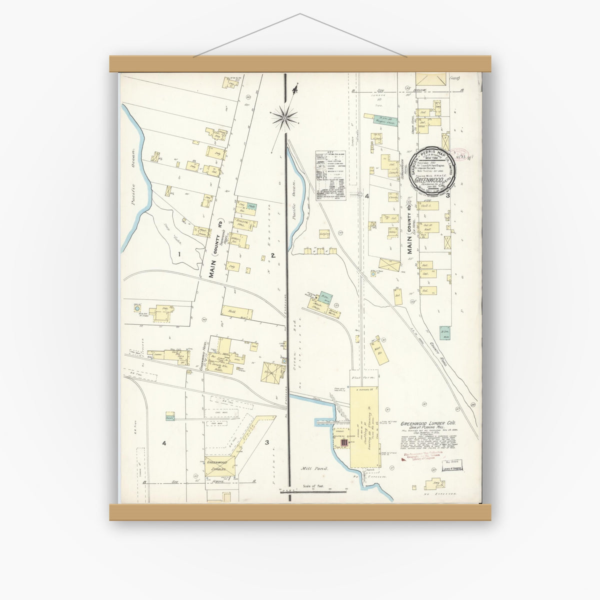 Old map wall art mockup — magnetic wood frame on white wall — Sanborn Fire Insurance Map from Greenwood, Mendocino County, California (1891), Sheet #0001