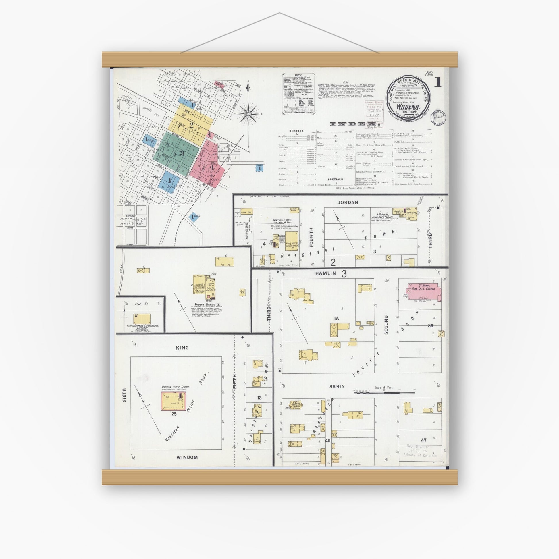 Old map wall art mockup — magnetic wood frame on white wall — Sanborn Fire Insurance Map from Wadena, Wadena County, Minnesota (1899) - Complete Map Set