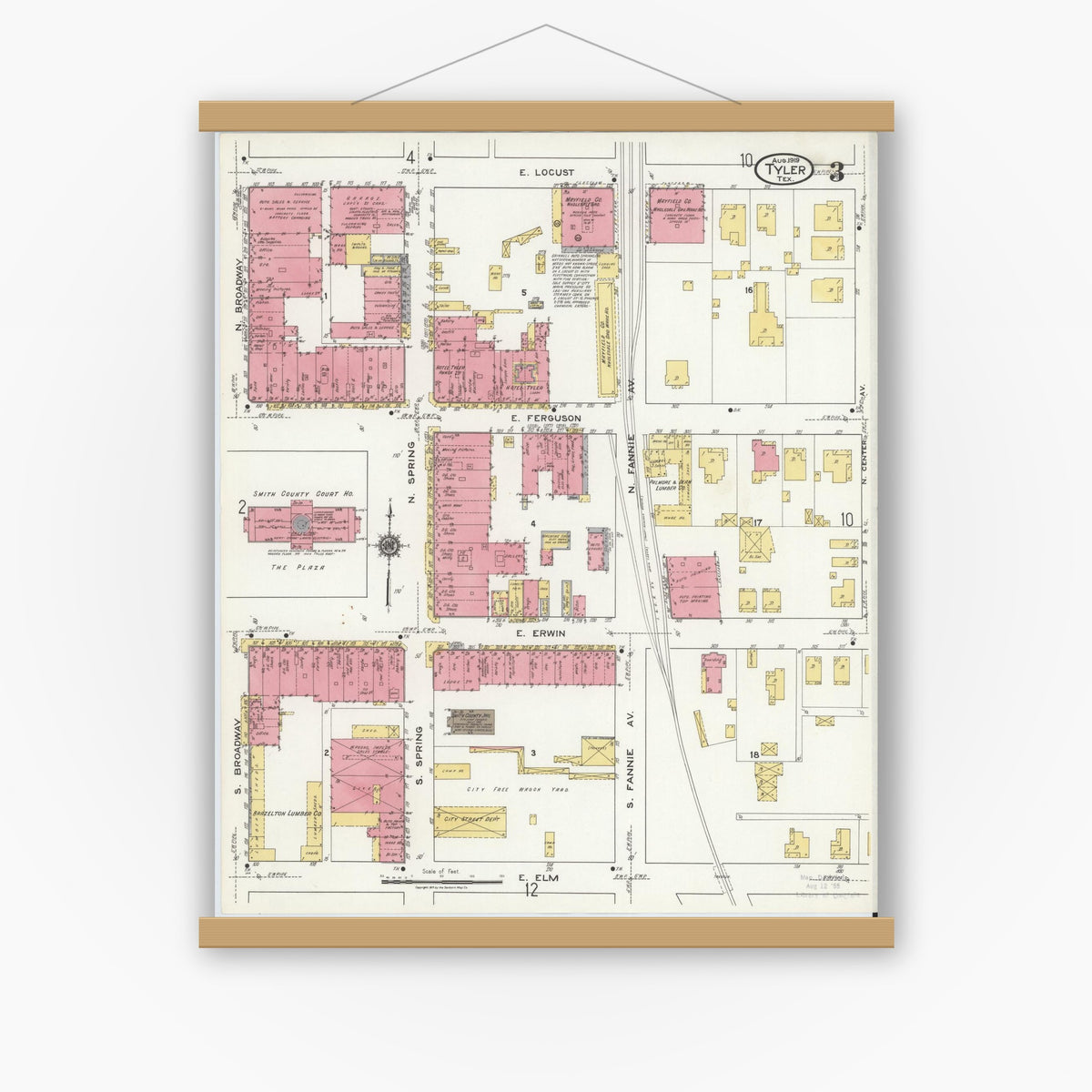 Old map wall art mockup — magnetic wood frame on white wall — Sanborn Fire Insurance Map from Tyler, Smith County, Texas (1919), Sheet #0003