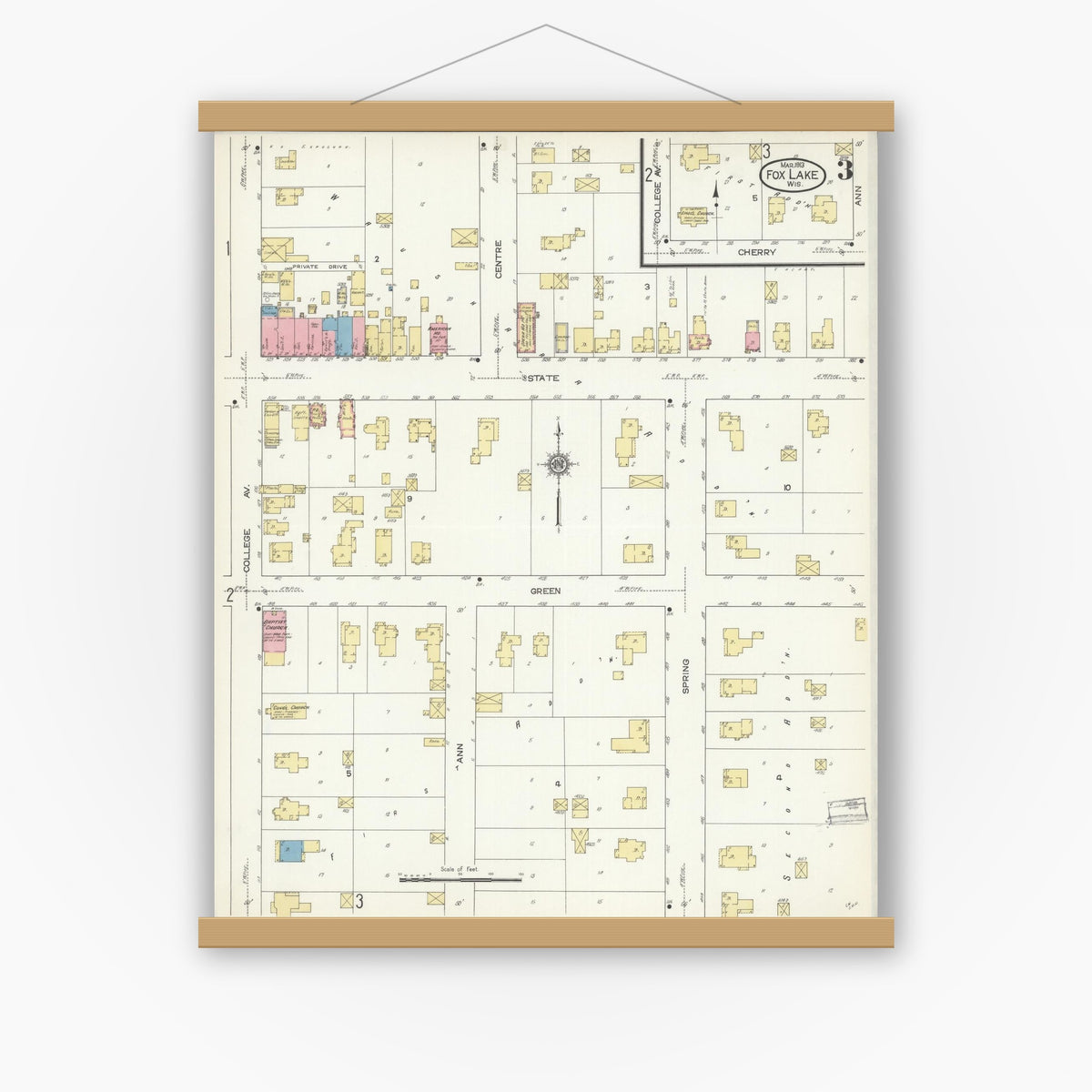 Old map wall art mockup — magnetic wood frame on white wall — Sanborn Fire Insurance Map from Fox Lake, Dodge County, Wisconsin (1913), Sheet #0003