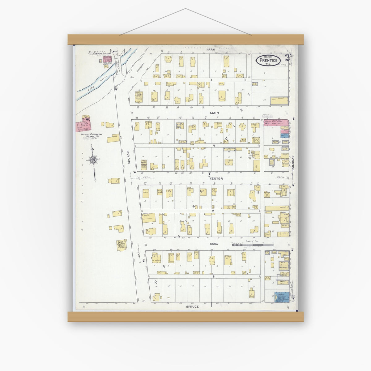 Old map wall art mockup — magnetic wood frame on white wall — Sanborn Fire Insurance Map from Prentice, Price County, Wisconsin (1919), Sheet #0002