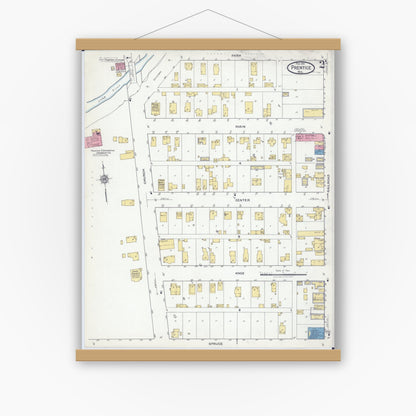 Old map wall art mockup — magnetic wood frame on white wall — Sanborn Fire Insurance Map from Prentice, Price County, Wisconsin (1919), Sheet #0002