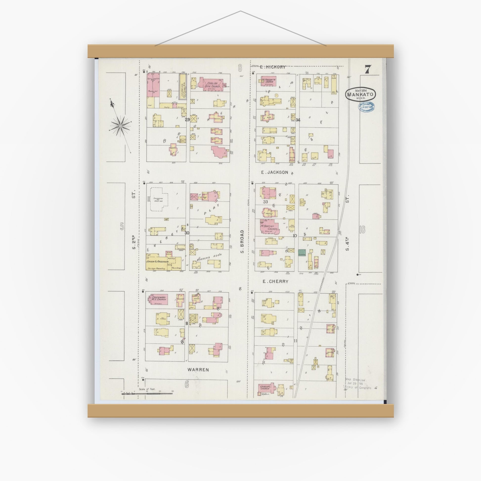 Old map wall art mockup — magnetic wood frame on white wall — Sanborn Fire Insurance Map from Mankato, Blue Earth County, Minnesota (1894), Sheet #0007
