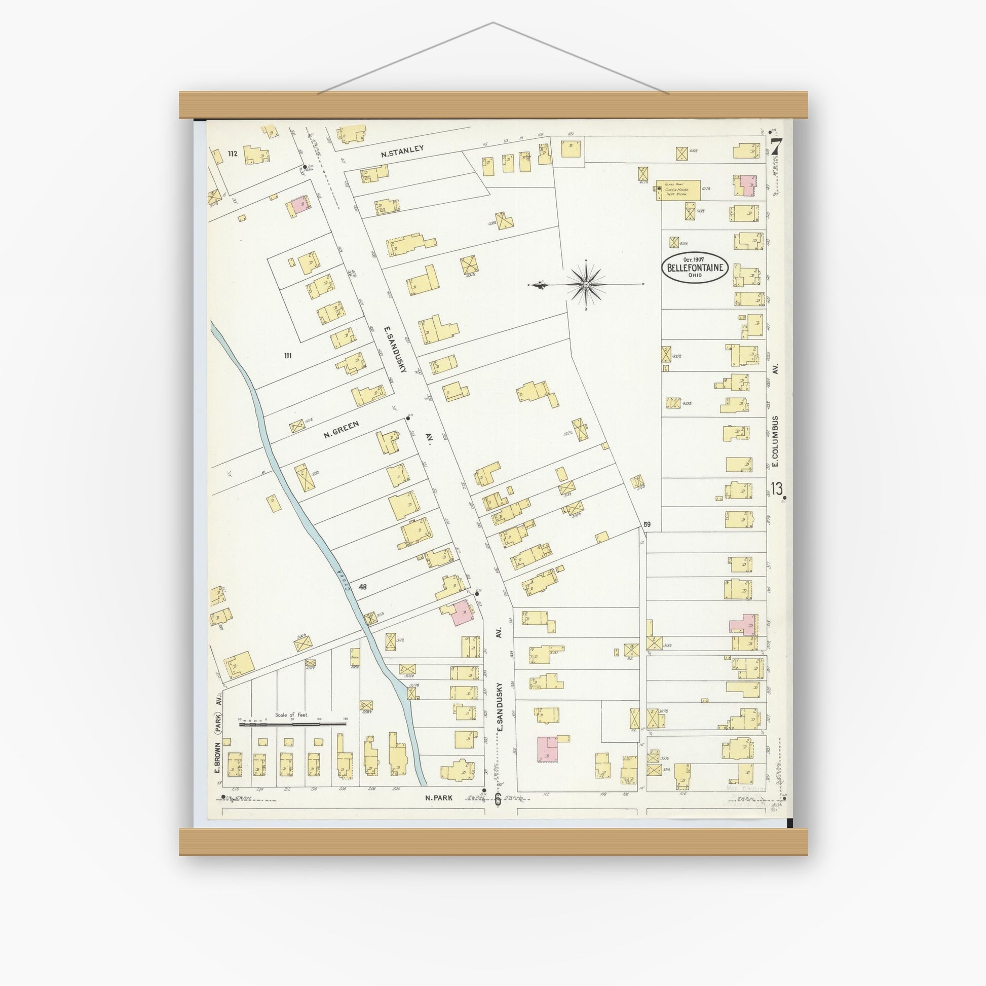 Old map wall art mockup — magnetic wood frame on white wall — Sanborn Fire Insurance Map from Bellefontaine, Logan County, Ohio (1907), Sheet #0007