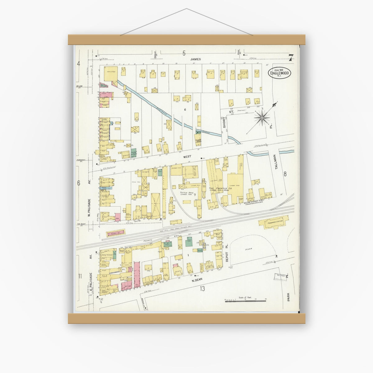 Old map wall art mockup — magnetic wood frame on white wall — Sanborn Fire Insurance Map from Englewood, Bergen County, New Jersey (1908), Sheet #0007