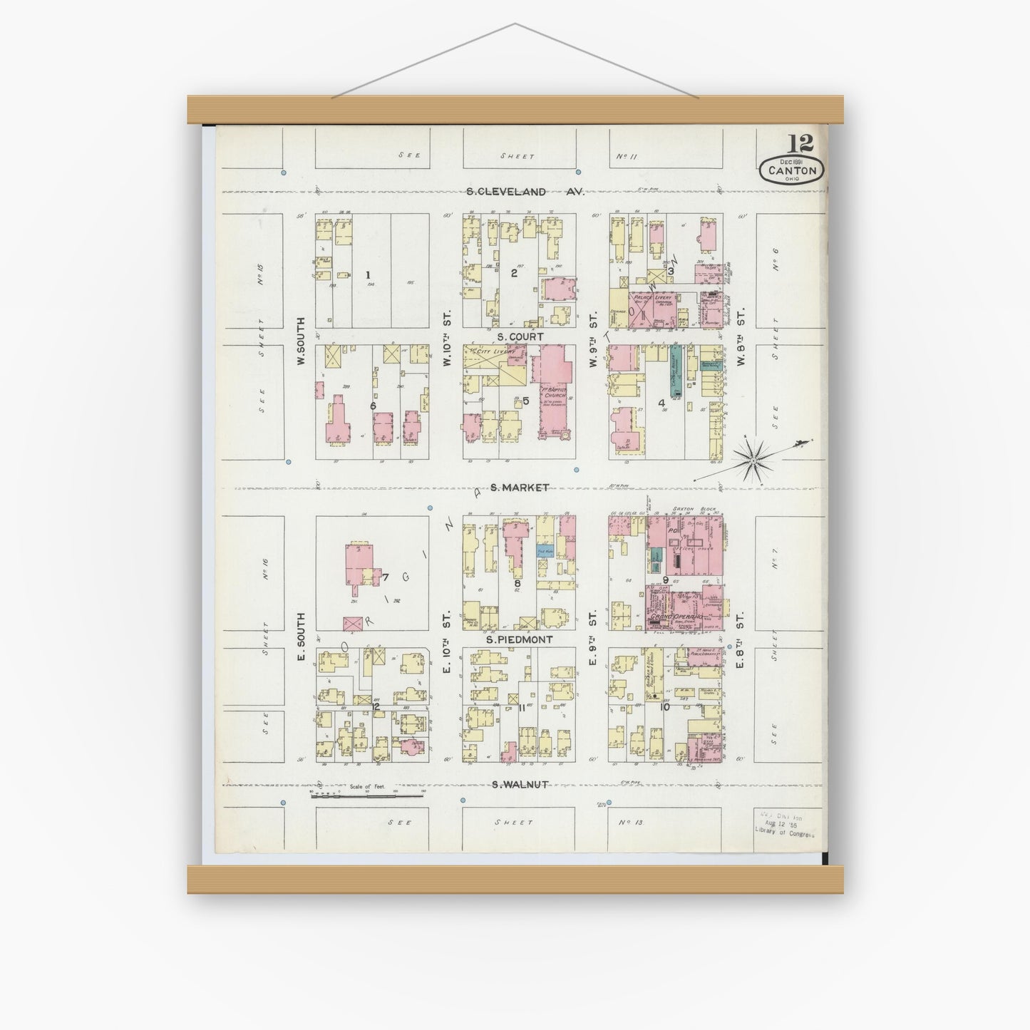 Old map wall art mockup — magnetic wood frame on white wall — Sanborn Fire Insurance Map from Canton, Stark County, Ohio (1891), Sheet #0012