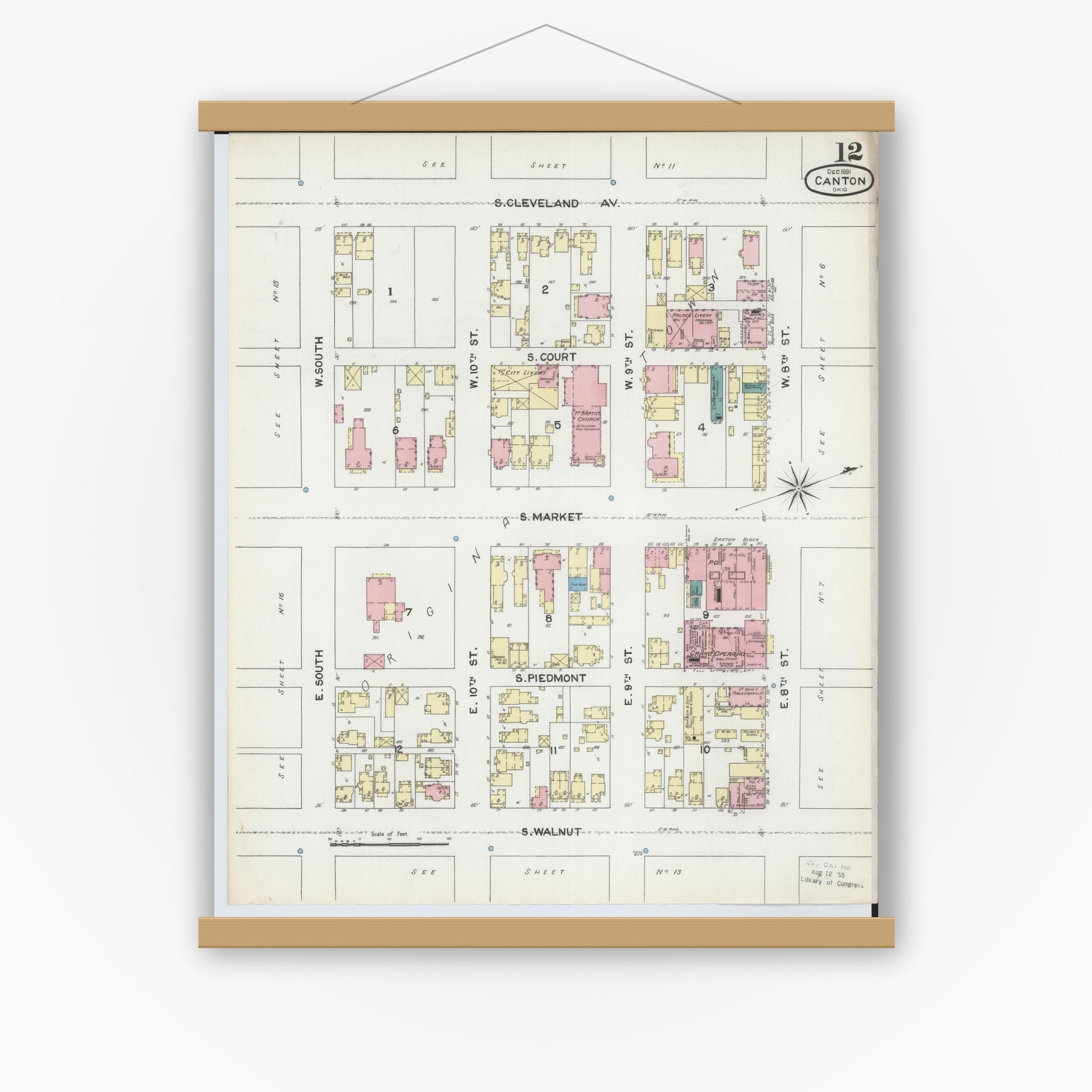 Old map wall art mockup — magnetic wood frame on white wall — Sanborn Fire Insurance Map from Canton, Stark County, Ohio (1891), Sheet #0012