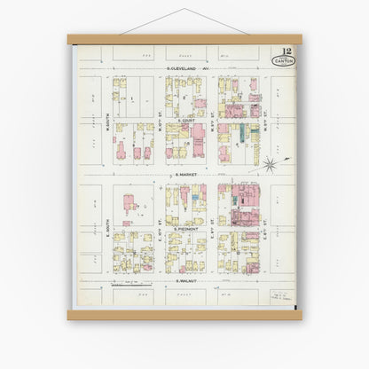 Old map wall art mockup — magnetic wood frame on white wall — Sanborn Fire Insurance Map from Canton, Stark County, Ohio (1891), Sheet #0012