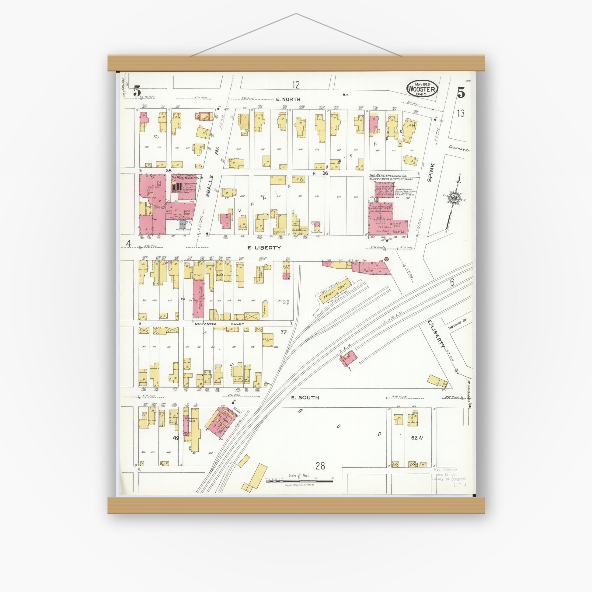 Old map wall art mockup — magnetic wood frame on white wall — Sanborn Fire Insurance Map from Wooster, Wayne County, Ohio (1923), Sheet #0005