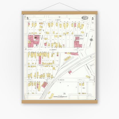 Old map wall art mockup — magnetic wood frame on white wall — Sanborn Fire Insurance Map from Wooster, Wayne County, Ohio (1923), Sheet #0005