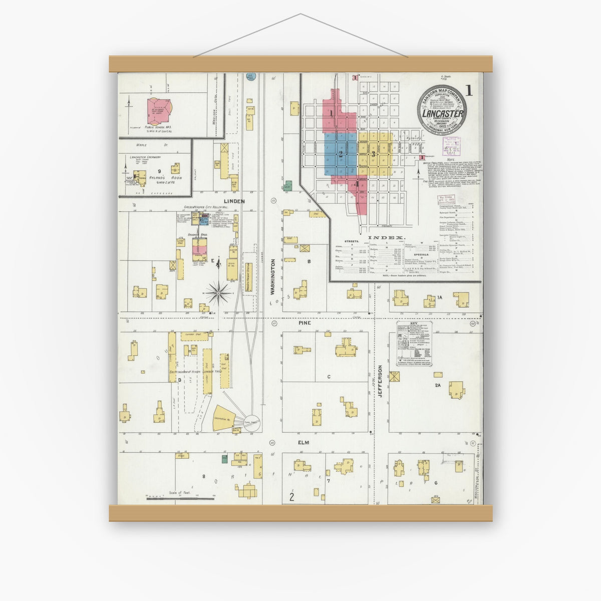 Old map wall art mockup — magnetic wood frame on white wall — Sanborn Fire Insurance Map from Lancaster, Grant County, Wisconsin (1905) - Complete Map Set