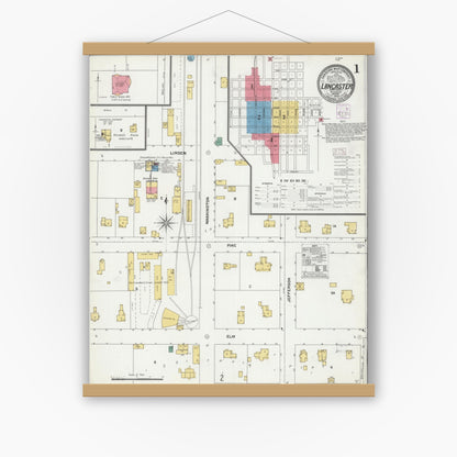 Old map wall art mockup — magnetic wood frame on white wall — Sanborn Fire Insurance Map from Lancaster, Grant County, Wisconsin (1905) - Complete Map Set